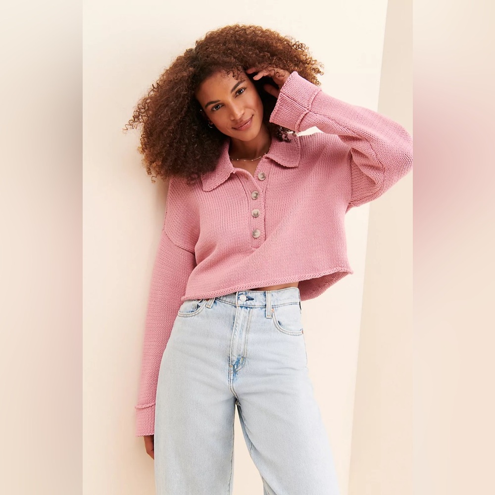 Show Me Your Mumu Crawford Collared cropped Pink Knit Sweater Size M